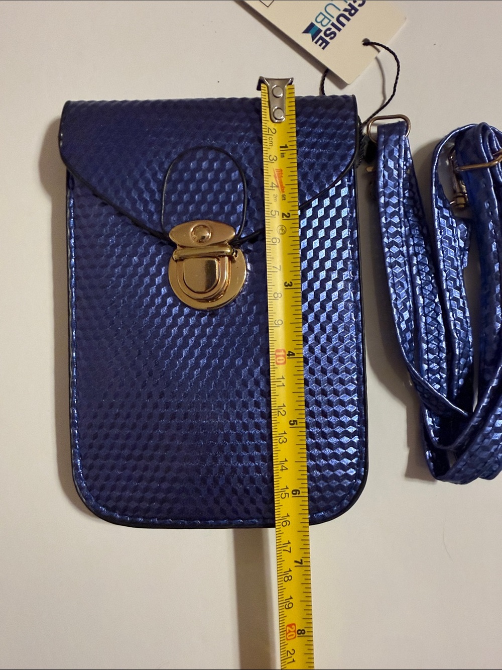 Metallic Blue Crossbody Pouch/Bag with Strap, Gold Lock and 2 Compartments - Picture 5 of 6